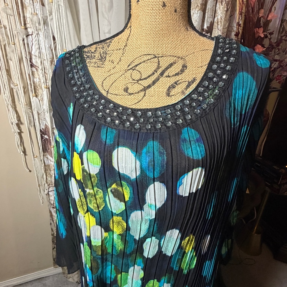 Catherines Beaded Blouse - Black and Blue with Green Accents
